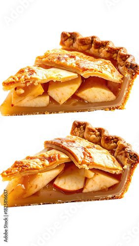 Two apple pie slices show crust & filling detail
