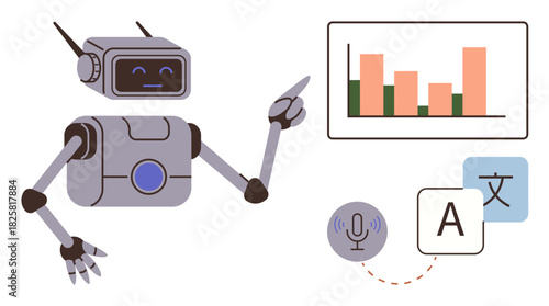 Robot pointing at a bar chart, alongside icons for voice control and language translation. Ideal for AI, technology, innovation, automation, data analysis, machine learning, communication themes