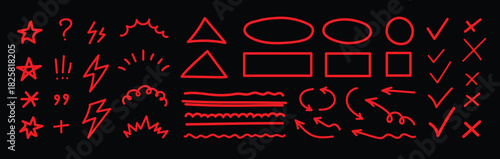 Line mark icon pack. Pencil crayon arrows, cross sign, text quote frames, stars and check emphasis elements for infographic text design. Hand drawn line check mark elements. Vector illustration