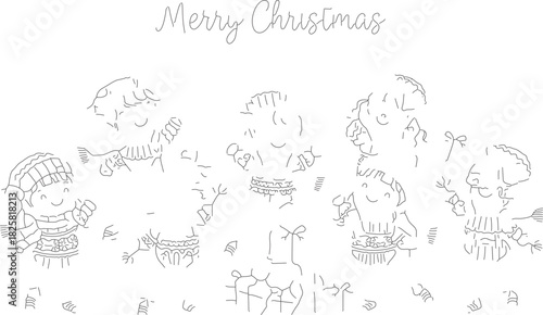 Merry Christmas illustration with cute snowmen and gifts.