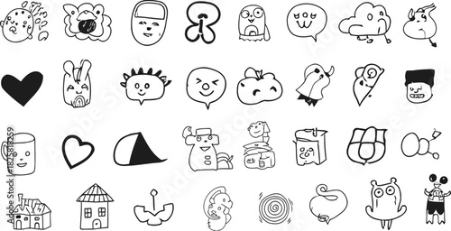 Set of doodles, including a cloud, heart, butterfly, house, and other funny and creative shapes. Great for decorations, prints, and various cute designs.