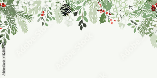 Elegant winter foliage border with berries and pinecone decoration