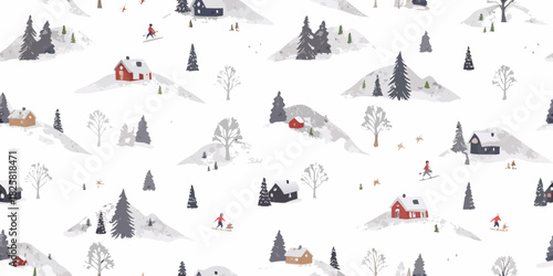 Winter landscape seamless pattern with houses trees and skiers