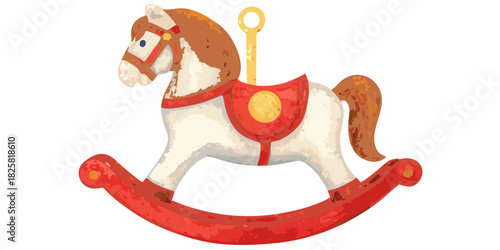 Vintage rocking horse illustration with red saddle and base