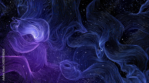 Mesmerizing celestial line-art waves swirling across a luminous star-filled night sky, creating a dramatic futuristic cosmic background perfect for modern presentations.
