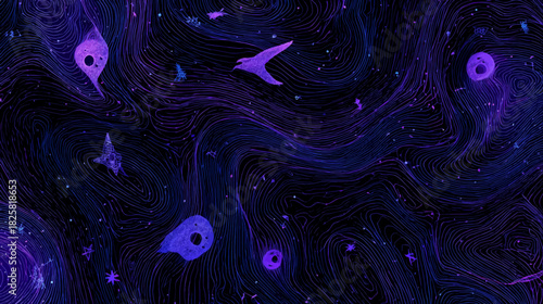 Violet cosmic topographic lines swirling through a glowing starfield, creating a dramatic atmospheric background for futuristic design and presentations.