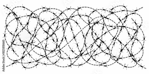 Tangled barbed wire fence illustration on white background