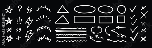 Line mark icon pack. Pencil crayon arrows, cross sign, text quote frames, stars and check emphasis elements for infographic text design. Hand drawn line check mark elements. Vector illustration