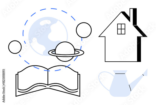 Open book with planets orbiting Earth, a house, and a watering can. Ideal for education, knowledge, imagination, nature, sustainability home creativity. Clean simple flat metaphor