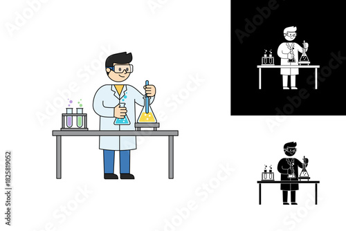 Dedicated Scientist Character Mixing Chemicals in Laboratory Flasks, Engaged in Scientific Research and Discovery - Flat Vector Illustration