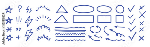 Line mark icon pack. Pencil crayon arrows, cross sign, text quote frames, stars and check emphasis elements for infographic text design. Hand drawn line check mark elements. Vector illustration