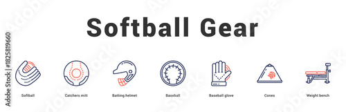 Softball Gear Modern and clean web banner illustration featuring thematic icons for visual communication