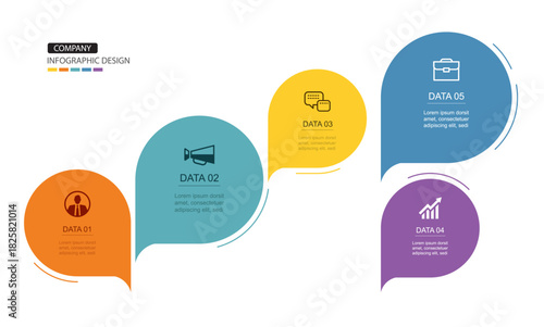 Business concept presentation multicolor 5 steps process speech bubbles infographic design template.