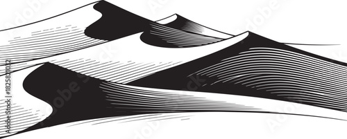 Stylized desert sand dunes landscape, engraving woodcut style