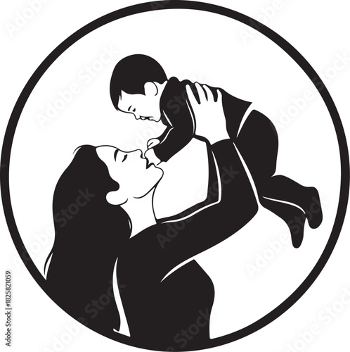 Mother holding baby up, loving embrace, family bond, joy, vector.