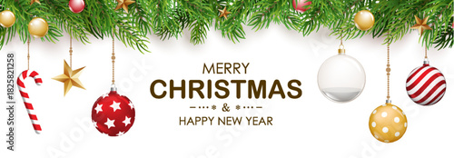 Merry christmas and happy new year holiday greeting card with hanging decorations banner template.