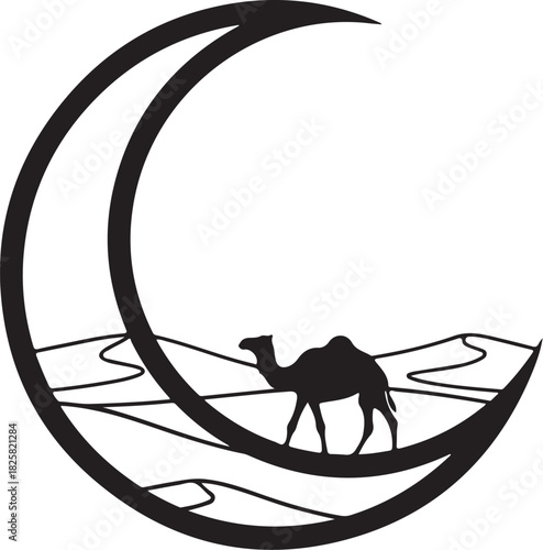 Crescent moon and camel silhouette graphic in desert landscape