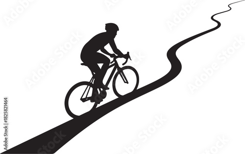 Cyclist silhouette riding uphill on a winding road, vector art