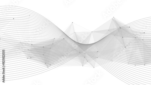 Abstract Dynamic White Tech Background with Grey Wireframe Wave with Polygonal Mesh. Futuristic Data Flow, Neural Network Concept, & 3D Geometry for Business Presentations.