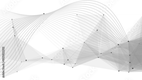 Abstract Dynamic White Tech Background with Grey Wireframe Wave with Polygonal Mesh. Futuristic Data Flow, Neural Network Concept, & 3D Geometry for Business Presentations.