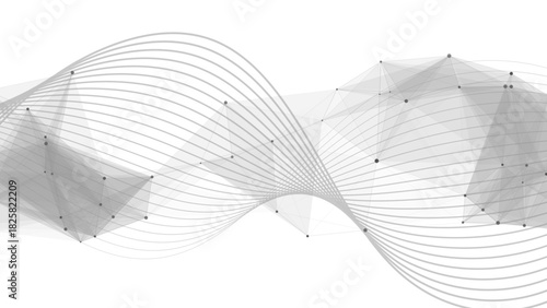 Abstract Dynamic White Tech Background with Grey Wireframe Wave with Polygonal Mesh. Futuristic Data Flow, Neural Network Concept, & 3D Geometry for Business Presentations.