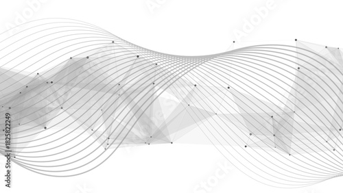 Abstract Dynamic White Tech Background with Grey Wireframe Wave with Polygonal Mesh. Futuristic Data Flow, Neural Network Concept, & 3D Geometry for Business Presentations.