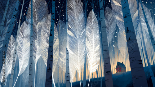 Ethereal glowing-feather forest with a softly lit cabin hidden among tall birch trees under a serene twilight atmosphere.