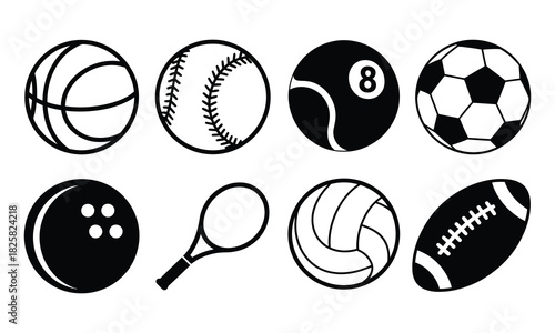 Silhouette Sports Balls Vector Icons, American Football, Soccer, Basketball, Baseball, Bowling, Snooker, Volleyball Illustration Set, Ideal for Sports Apps, Websites, and Print Design