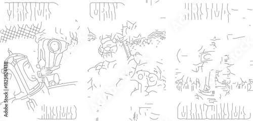 Three distinct line art illustrations of robots in different poses and settings.