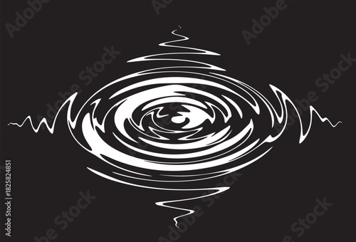 Abstract swirling vortex design in white against a dark background, evoking energy and motion