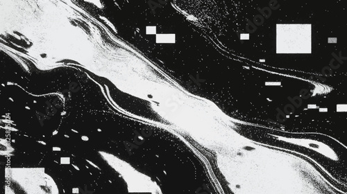 Modern monochrome glitch river with halftone textures and flowing distortion lines creating a striking high-contrast presentation background.