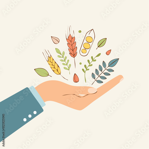 Hand Holding Assorted Grains and Leaves Against a Light Background Representing Healthy Food Options and Agricultural Abundance
