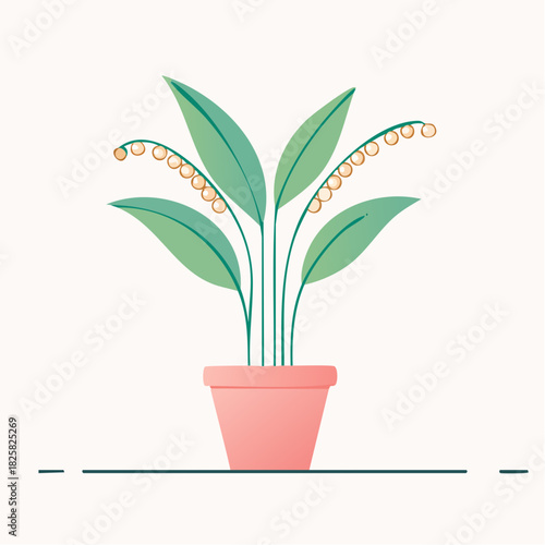 Green Plant with Bell Shaped Flowers in a Coral Pot with Subtle Line Art Background