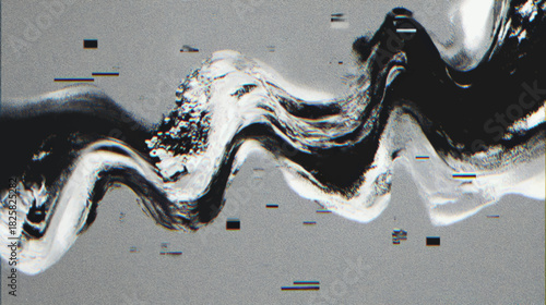 Modern monochrome glitch river with halftone textures and flowing distortion lines creating a striking high-contrast presentation background.