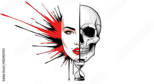 Vector Trash Polka Tattoo Design – Half Woman Face, Skull, Hourglass & Dotwork Illustration