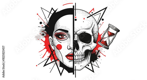 Vector Trash Polka Tattoo Design – Half Woman Face, Skull, Hourglass & Dotwork Illustration