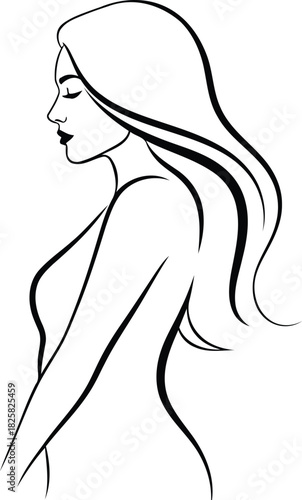 Black and white line art illustration of a womans profile and long hair