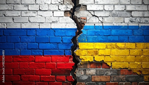 Cracked wall painted with Ukraine and Russia flags, symbolizing geopolitical division.