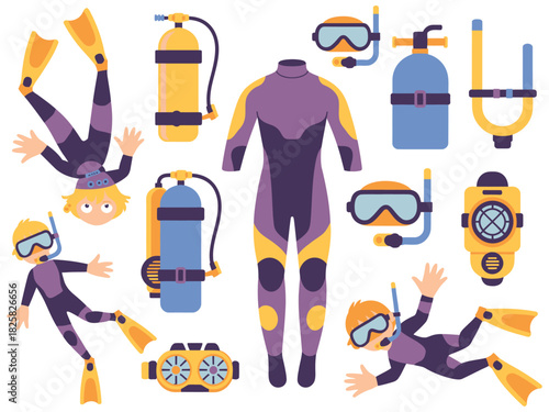 Children Scuba Diving With Underwater Gear, Cute Girl And Boy Divers Wearing Suits, Oxygen Tanks, Masks, And Goggles, Playful Swim Kids Depicted As Modern Vector Characters For Educational Designs, Il