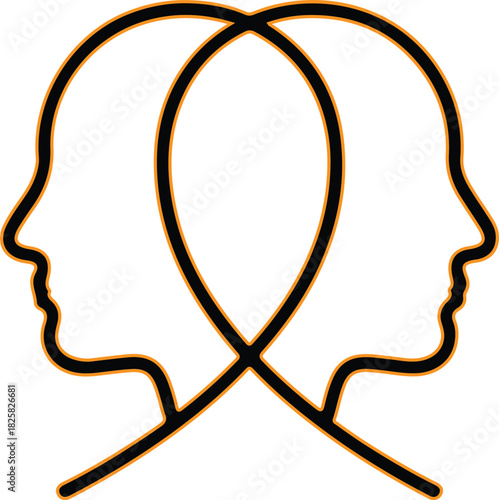 Intertwined human heads symbolizing connection and duality