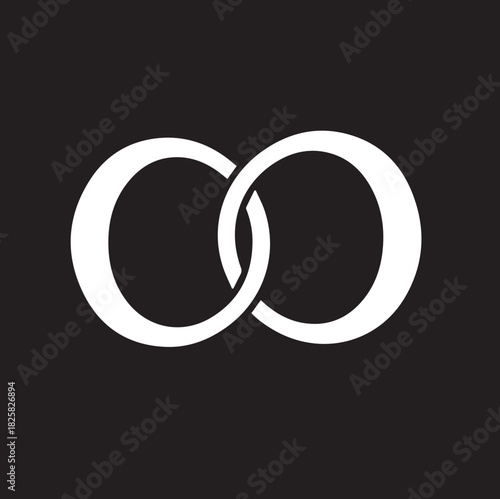 A simple vector graphic design of two interlocking white rings. This silhouette icon symbolizes marriage, union, and eternal love, isolated on a black background