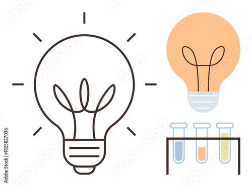 Lightbulb concept combining innovation and science, with glowing filament and colorful test tubes. Ideal for innovation, creativity, science, research, discovery, problem-solving, education themes