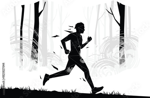 Dynamic silhouette runner sprinting through abstract forest landscape, symbolizing energy, motion, determination, outdoor fitness lifestyle, endurance training, and active healthy running performance