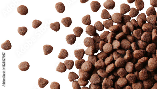 Close-up of small, dark brown, irregular-shaped kibble pieces
