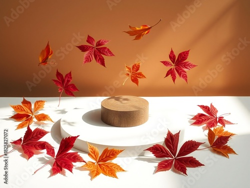 Autumn leaves arranged around a natural cork pedestal with a warm background