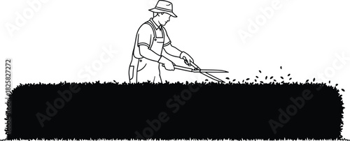 Gardener trimming hedge with manual shears, landscaping worker silhouette maintaining garden plants, outdoor gardening scene for lawn care and professional landscape design