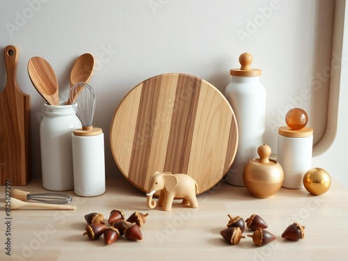 Rustic kitchen scene with wooden cutting board and ceramic jars
