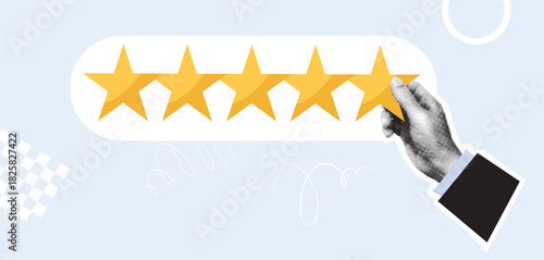 A hand holding a rating star. A modern vector halftone collage. Concept of rating, feedback, high level of service, and customer reviews for design.
