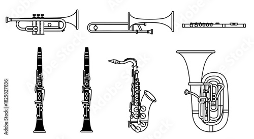 Vector Set of Black and White Wind Musical Instruments – Outline Illustrations