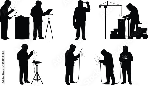 Industrial welders working with metal structures, welding sparks, safety equipment, engineering process, factory maintenance, metal fabrication, and construction industry concept